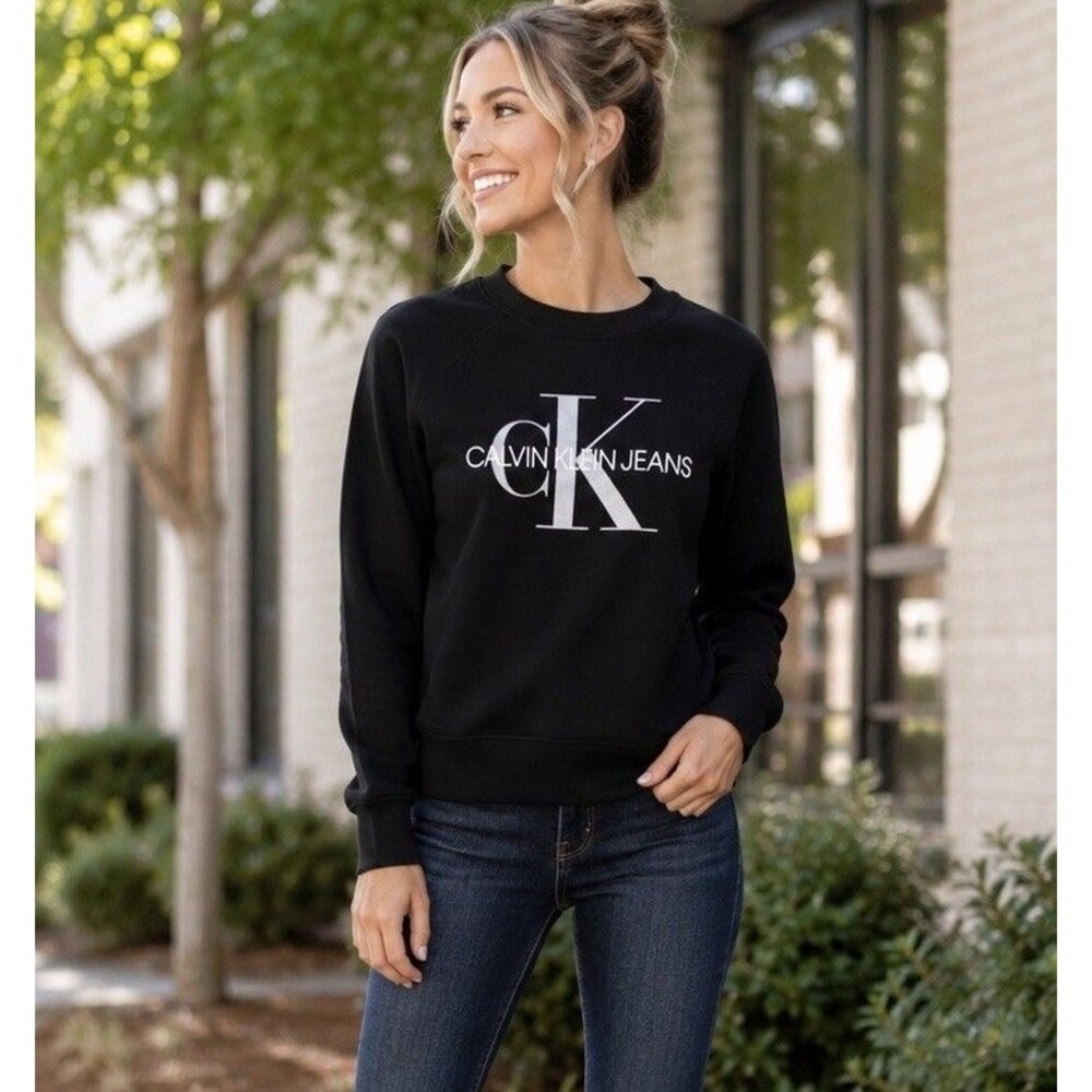 Calvin Klein Jeans Womens Black Monogram Logo PulloverCrewneck Sweatshirt Sz Med